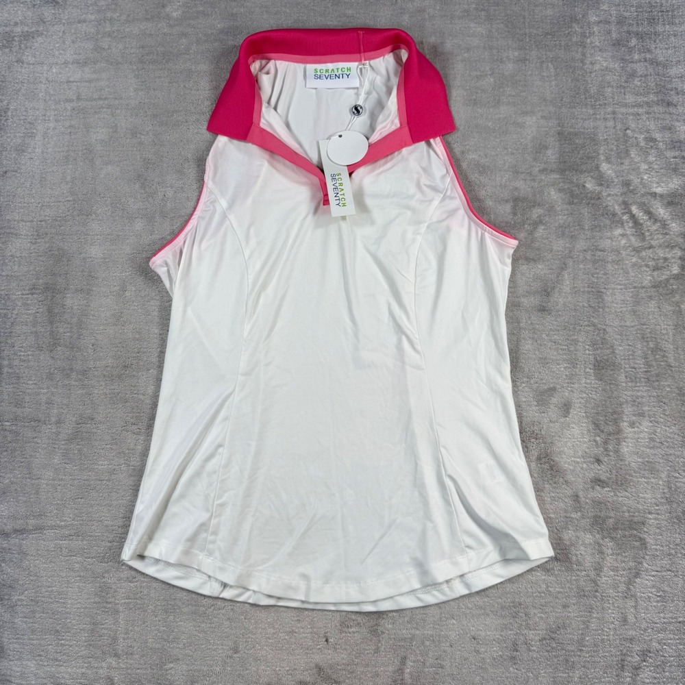 Scratch Seventy Women Large White Pink Erin Sleeveless Golf Polo Activewear Top